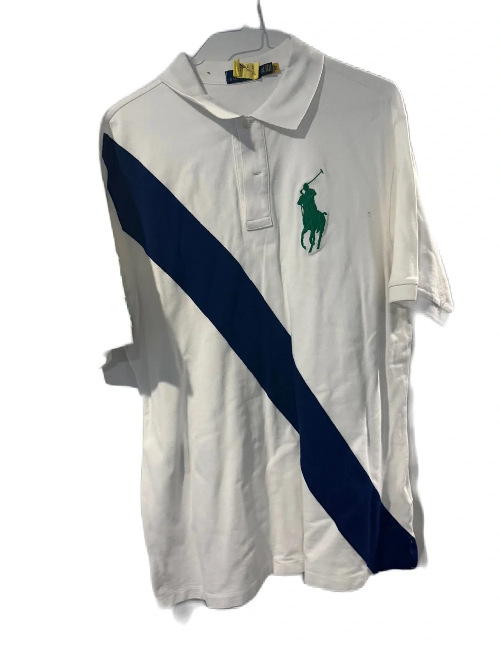 Ralph Lauren White Polo with Navy Diagonal Stripe and Green Logo